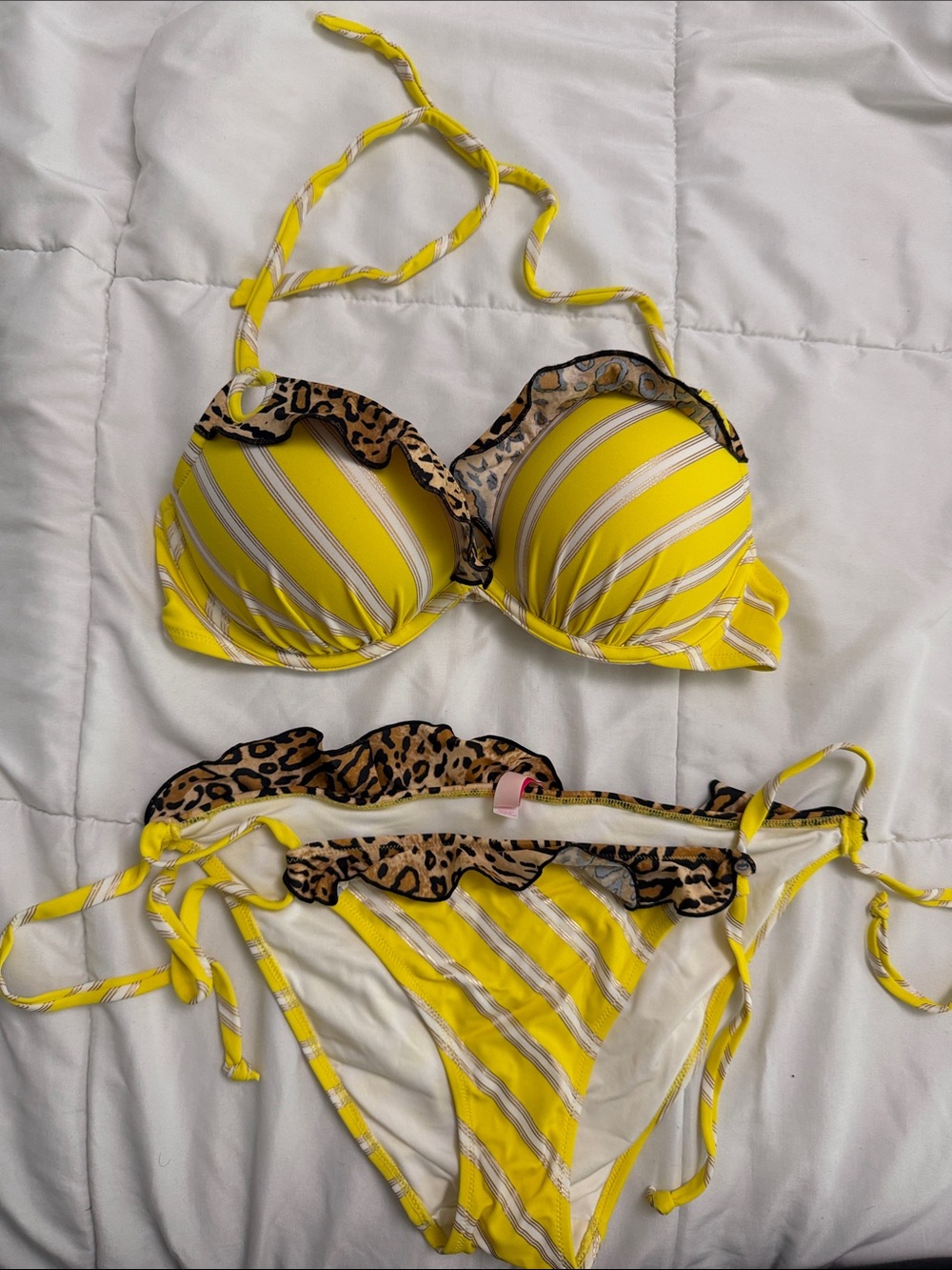Victoria’s Secret Yellow Striped Ruffled Bikini with Leopard Trim - Women Swim